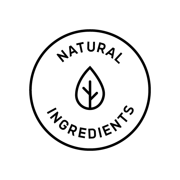 A circular logo with the words "Natural Ingredients" written around the outer edge. Inside the circle, there is an icon of a leaf with a stem. The logo is black on a white background.